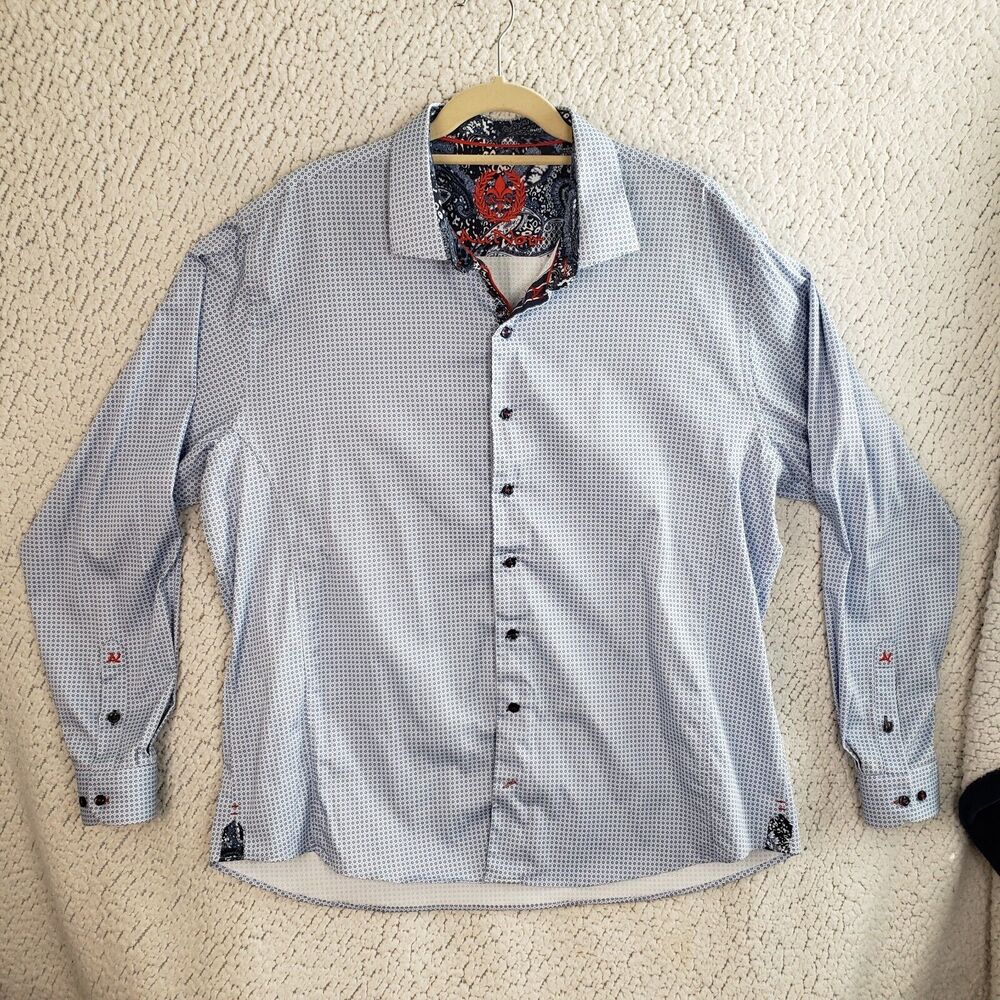Au Noir Dress Shirt Men 7 Blue 52x29 Paisley Contrast Luxe Dapper Old Hollywood